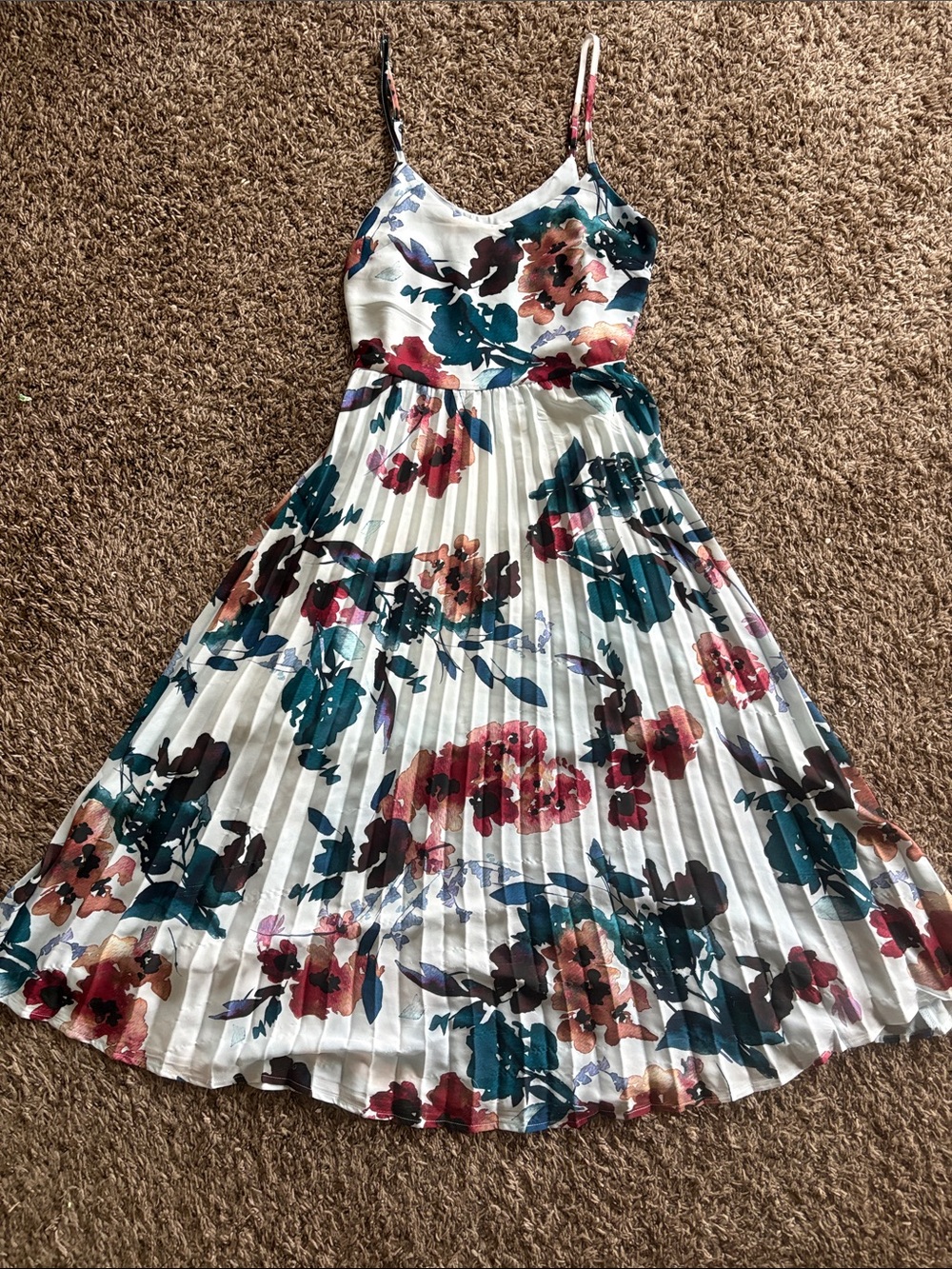 a new day White Pleated Sundress with Teal & Rust Floral Print